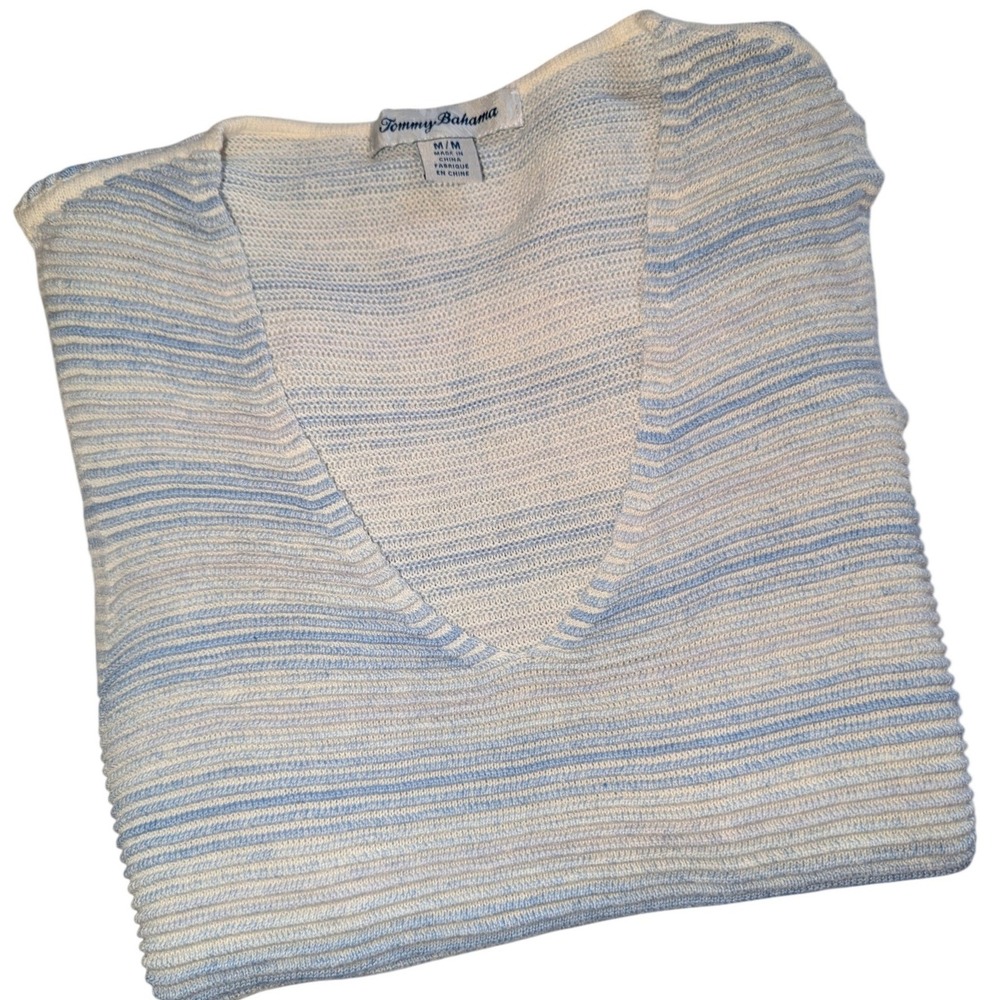 Tommy Bahama Womens Blue White Striped Knit V-Neck Sleeveless Sweater Vest Med